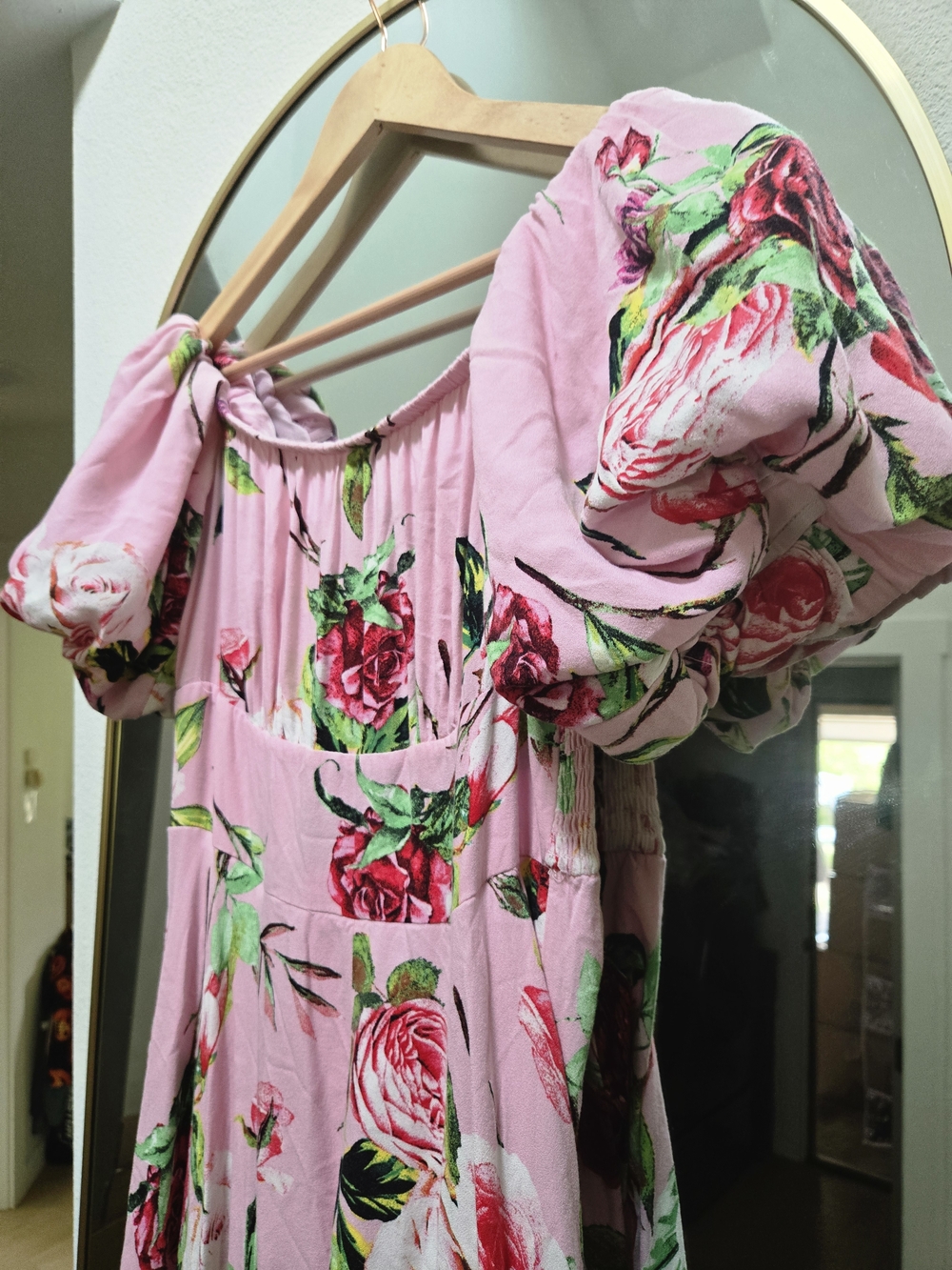 AFRM Pink Floral Ruffle Midi Dress Puff Sleeve Tiered Romantic M